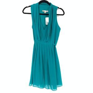 Love Forever 21 Women's Sz Medium V-Neck Pleated Chiffon Sheath Dress Teal NWT